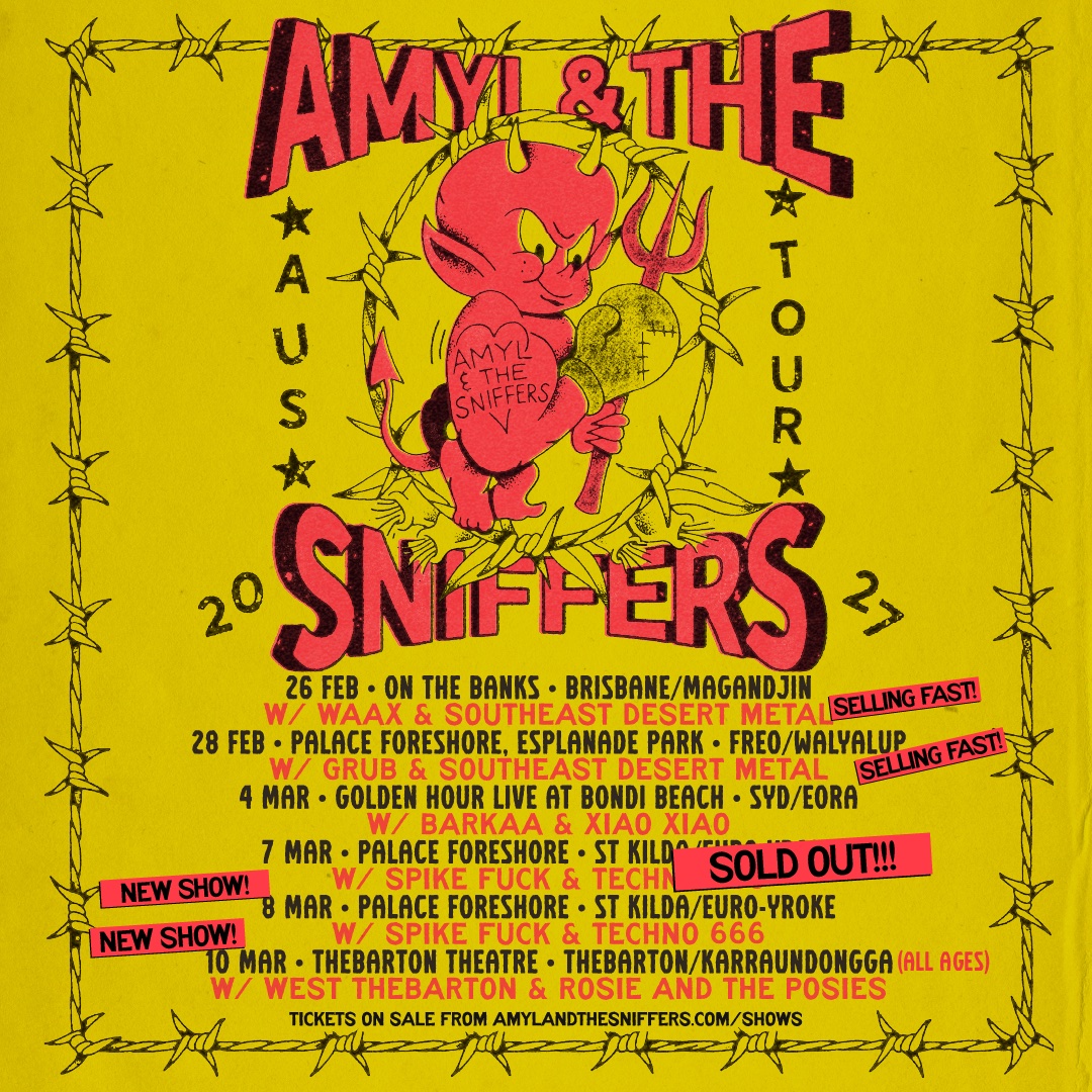 Yellow Amyl and The Sniffers Australian tour poster featuring a cartoon red devil with a pitchfork, barbed wire border, and concert tour dates.